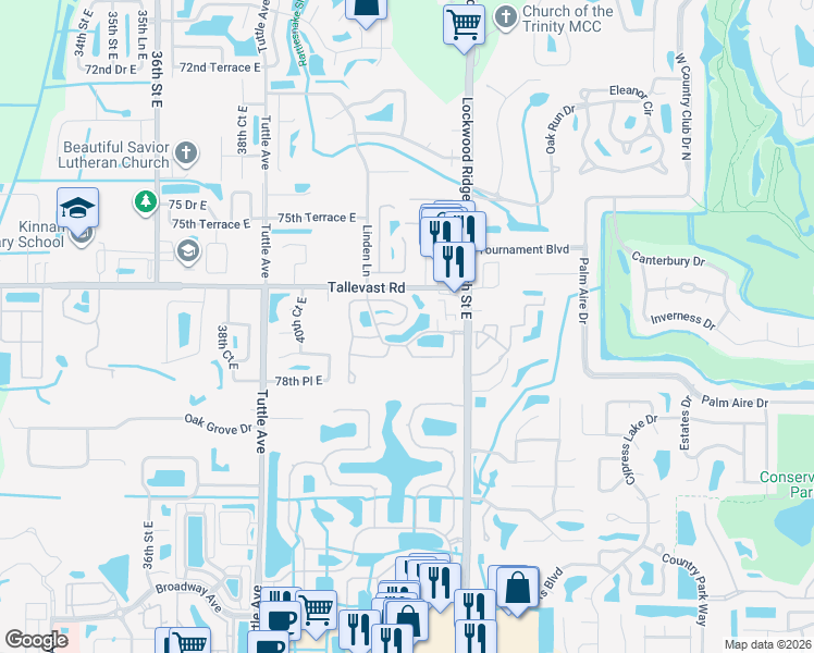 map of restaurants, bars, coffee shops, grocery stores, and more near 7801 Treetops Way in Sarasota