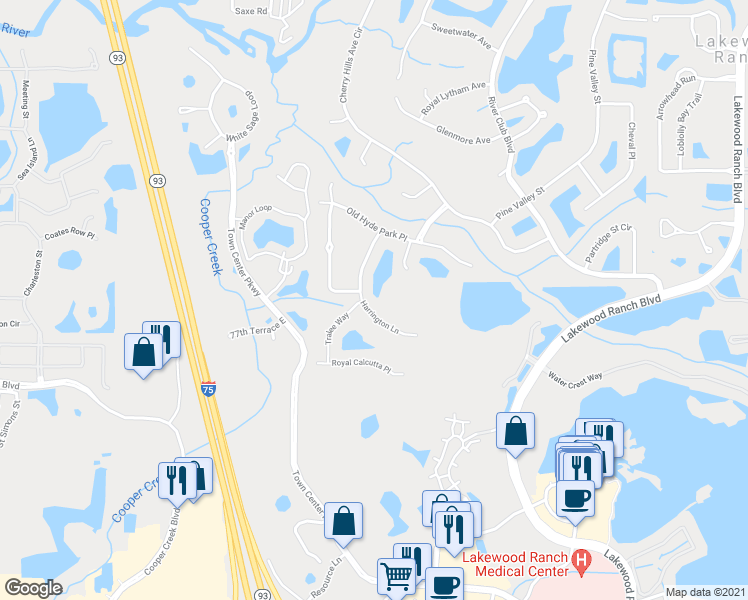 map of restaurants, bars, coffee shops, grocery stores, and more near 7625 Harrington Lane in Bradenton