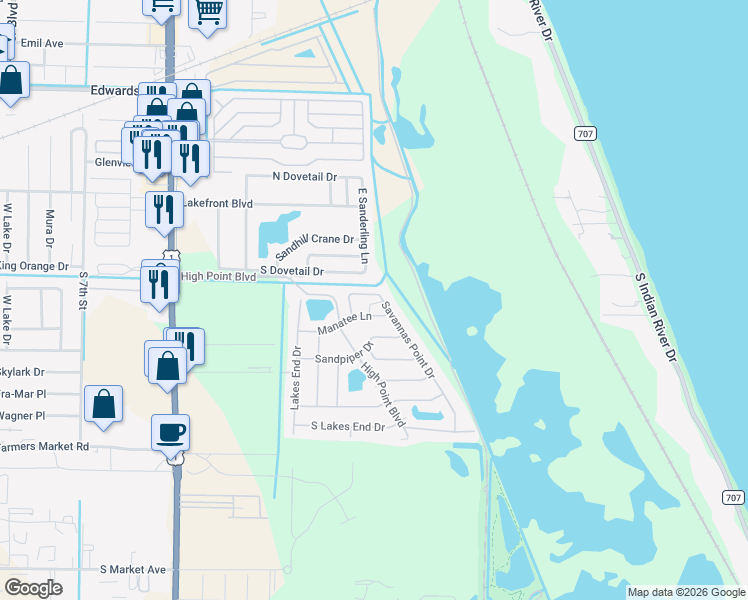 map of restaurants, bars, coffee shops, grocery stores, and more near 1877 South Dovetail Drive in Fort Pierce