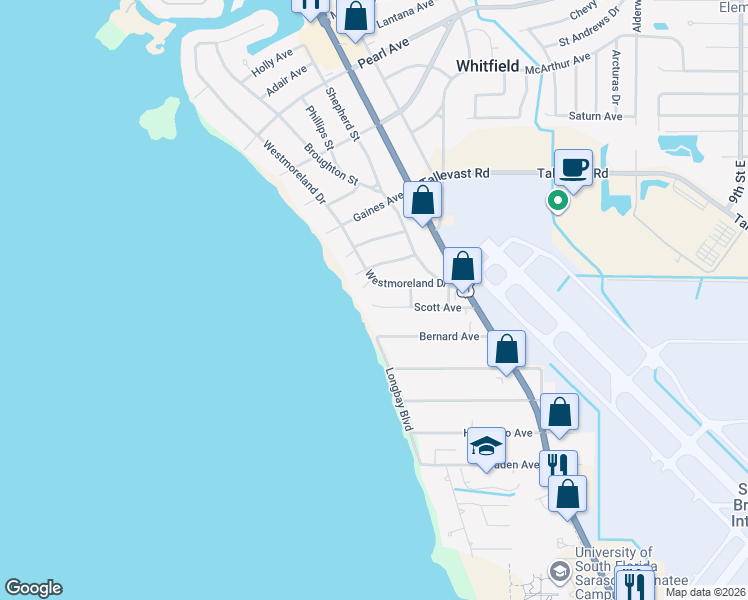 map of restaurants, bars, coffee shops, grocery stores, and more near 7711 Westmoreland Drive in Sarasota