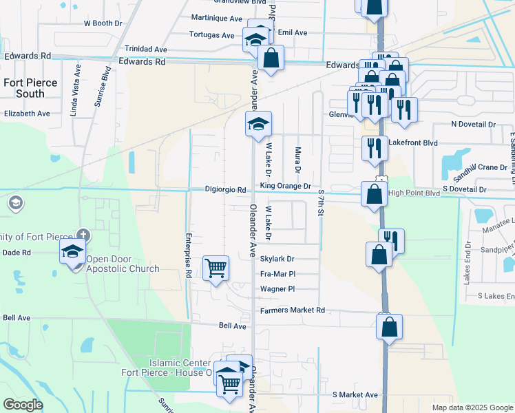map of restaurants, bars, coffee shops, grocery stores, and more near 3304 Oleander Avenue in Fort Pierce