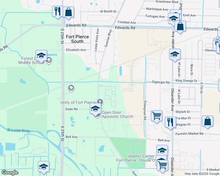 map of restaurants, bars, coffee shops, grocery stores, and more near 3324 North Park Drive in Fort Pierce