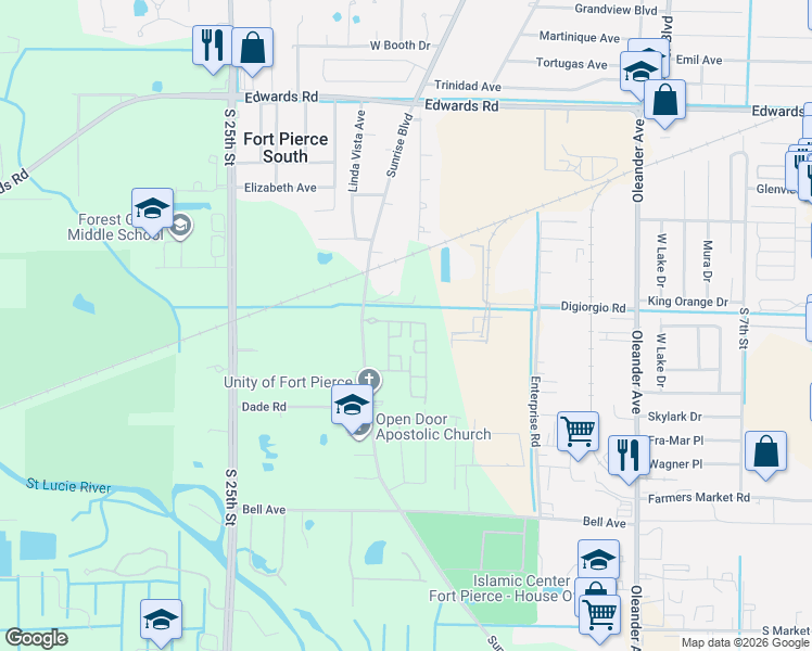 map of restaurants, bars, coffee shops, grocery stores, and more near 3324 North Park Drive in Fort Pierce