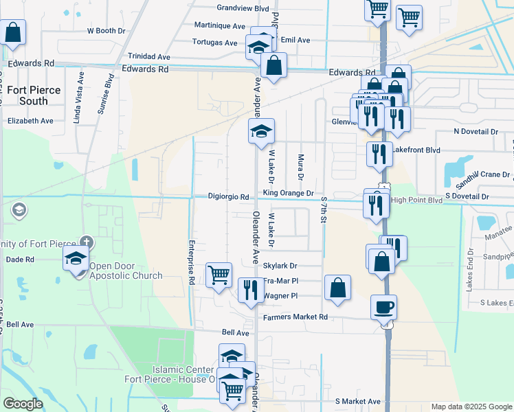 map of restaurants, bars, coffee shops, grocery stores, and more near 3304 Oleander Avenue in Fort Pierce