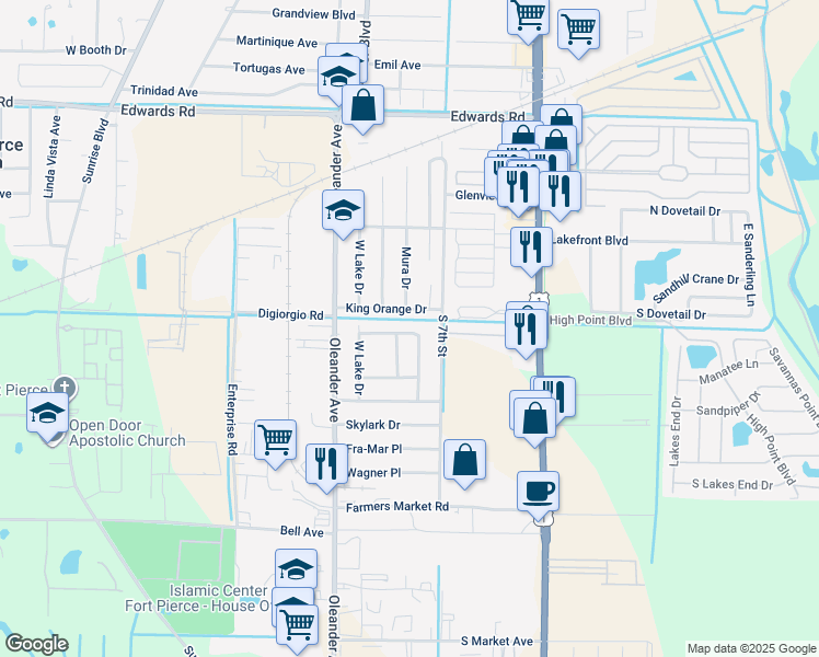 map of restaurants, bars, coffee shops, grocery stores, and more near 804 North Lake Drive in Fort Pierce