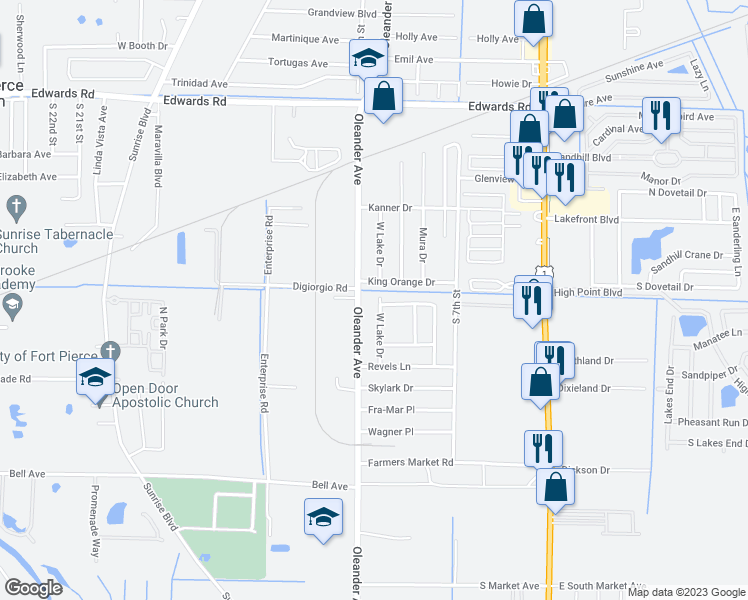 map of restaurants, bars, coffee shops, grocery stores, and more near 3407 West Lake Drive in Fort Pierce