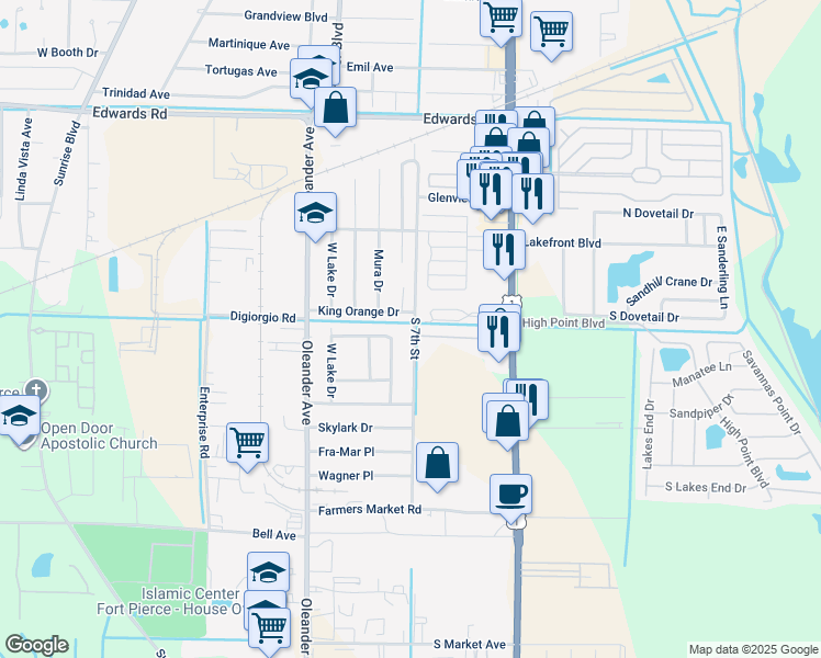 map of restaurants, bars, coffee shops, grocery stores, and more near 3401 South 7th Street in Fort Pierce