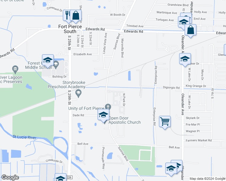 map of restaurants, bars, coffee shops, grocery stores, and more near 3314 North Park Drive in Fort Pierce