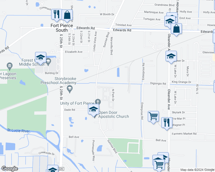 map of restaurants, bars, coffee shops, grocery stores, and more near 3324 North Park Drive in Fort Pierce