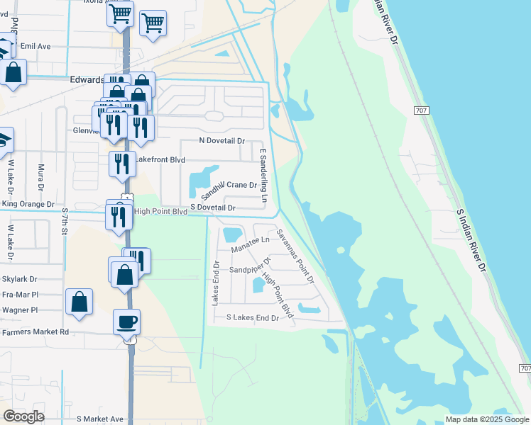 map of restaurants, bars, coffee shops, grocery stores, and more near 1877 South Dovetail Drive in Fort Pierce