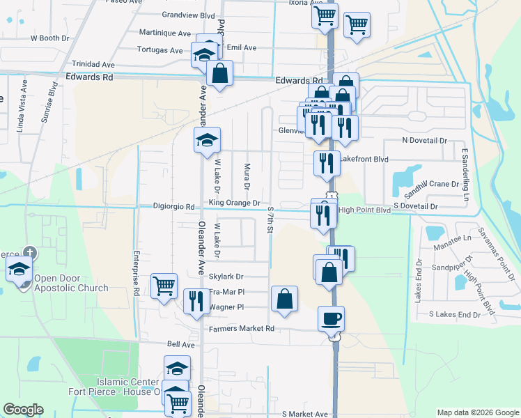 map of restaurants, bars, coffee shops, grocery stores, and more near 804 North Lake Drive in Fort Pierce