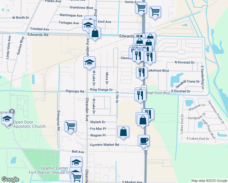 map of restaurants, bars, coffee shops, grocery stores, and more near 3401 South 7th Street in Fort Pierce