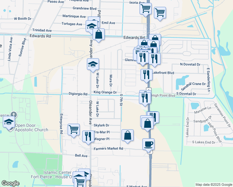map of restaurants, bars, coffee shops, grocery stores, and more near 804 North Lake Drive in Fort Pierce