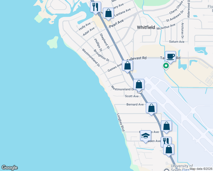 map of restaurants, bars, coffee shops, grocery stores, and more near 7676 Westmoreland Drive in Sarasota