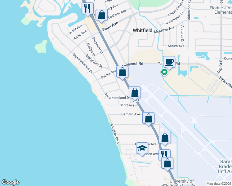 map of restaurants, bars, coffee shops, grocery stores, and more near 7739 Westmoreland Drive in Sarasota