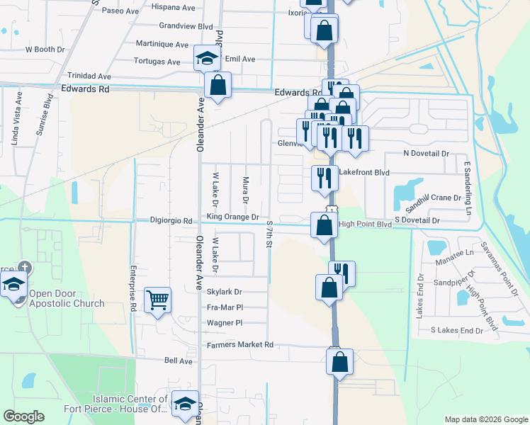 map of restaurants, bars, coffee shops, grocery stores, and more near 3251 South 7th Street in Fort Pierce