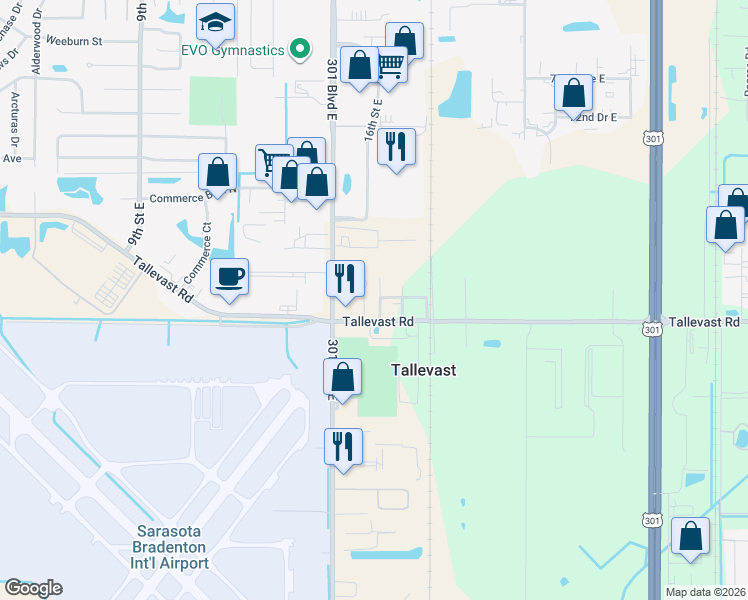 map of restaurants, bars, coffee shops, grocery stores, and more near 7606 16th Street Court East in Sarasota
