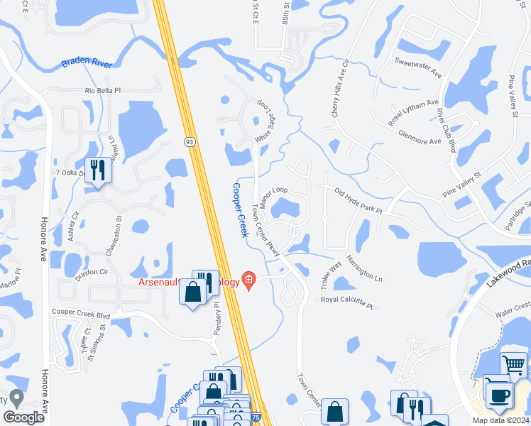 map of restaurants, bars, coffee shops, grocery stores, and more near 8923 Manor Loop in Bradenton