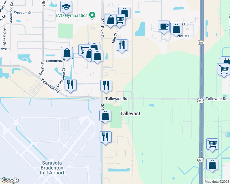 map of restaurants, bars, coffee shops, grocery stores, and more near 7606 16th Street Court East in Sarasota