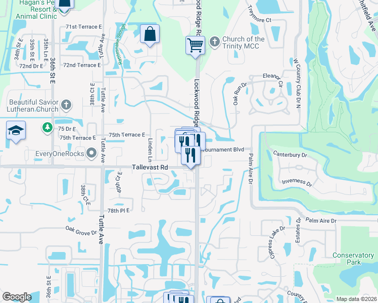 map of restaurants, bars, coffee shops, grocery stores, and more near 7614 Tournament Boulevard in Sarasota