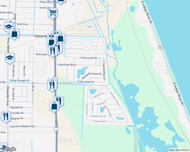 map of restaurants, bars, coffee shops, grocery stores, and more near 1861 South Dovetail Drive in Fort Pierce