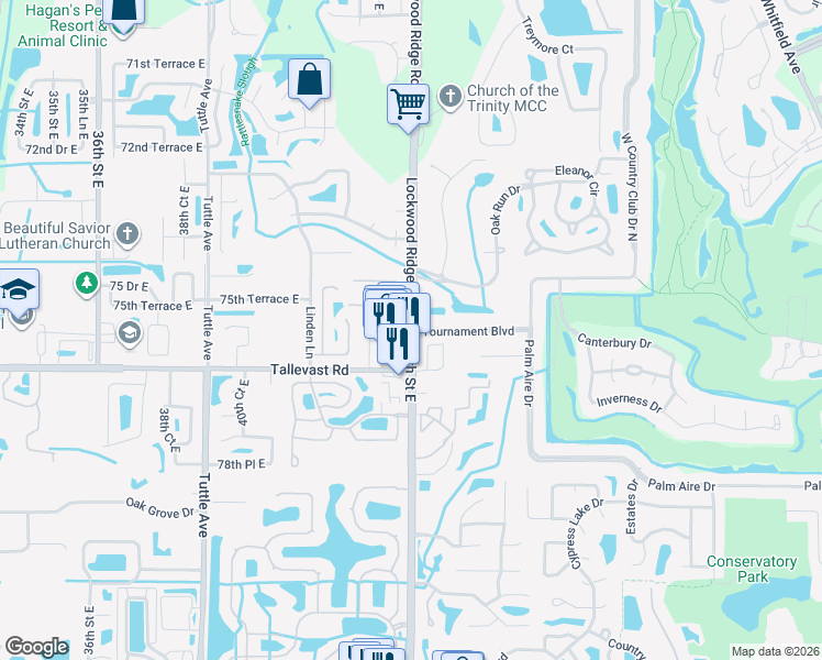 map of restaurants, bars, coffee shops, grocery stores, and more near Lockwood Ridge Rd & 45th St E in Sarasota