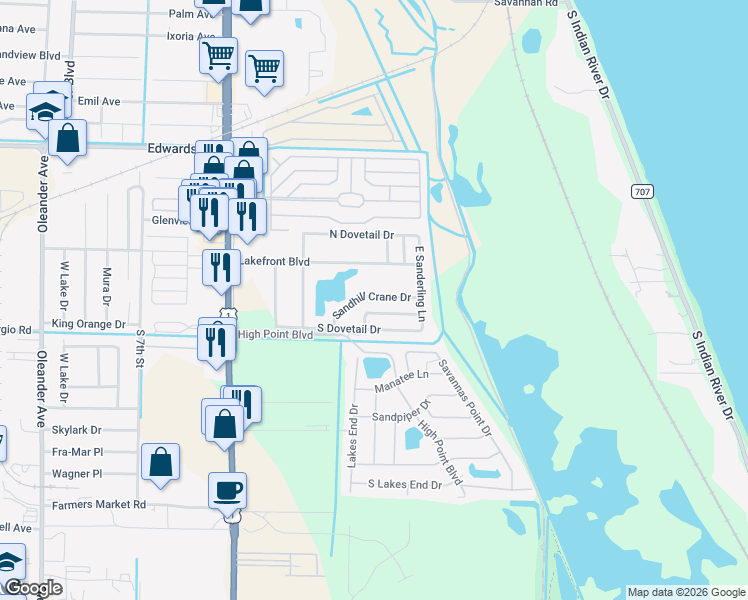 map of restaurants, bars, coffee shops, grocery stores, and more near 1837 Sandhill Crane Drive in Fort Pierce