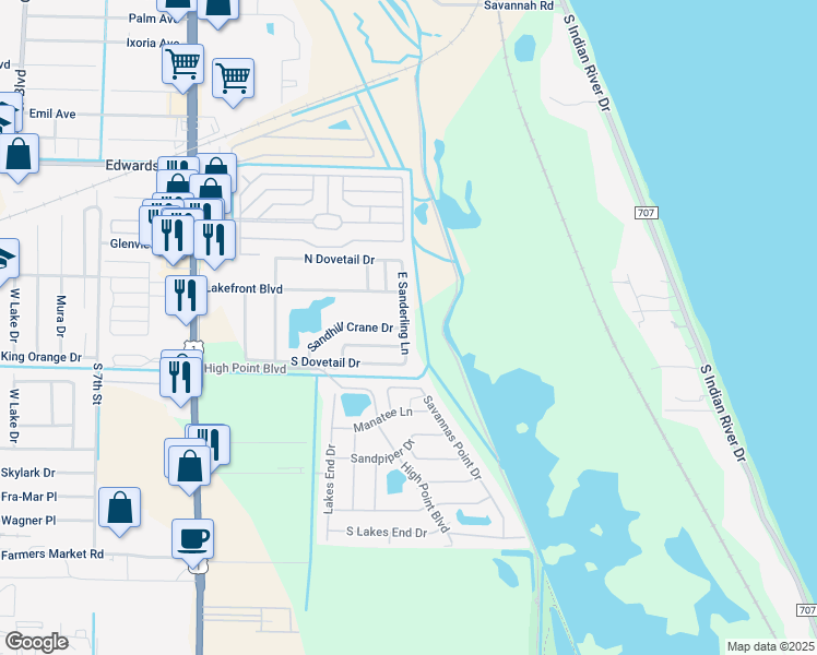 map of restaurants, bars, coffee shops, grocery stores, and more near 1848 East Sanderling Lane in Fort Pierce