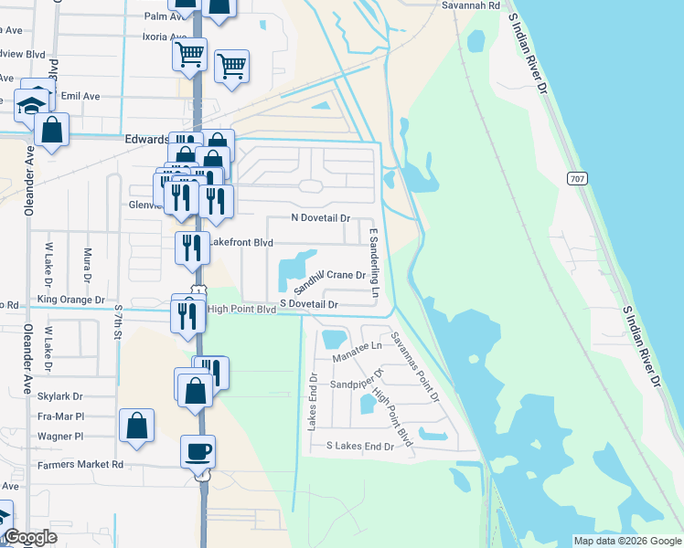map of restaurants, bars, coffee shops, grocery stores, and more near 1701 Sandhill Crane Drive in Fort Pierce