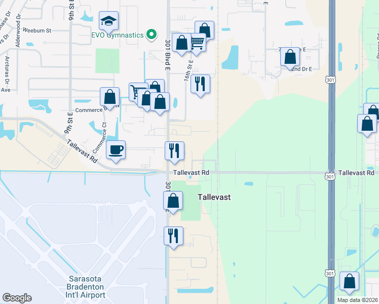 map of restaurants, bars, coffee shops, grocery stores, and more near 7606 16th Street Court East in Sarasota