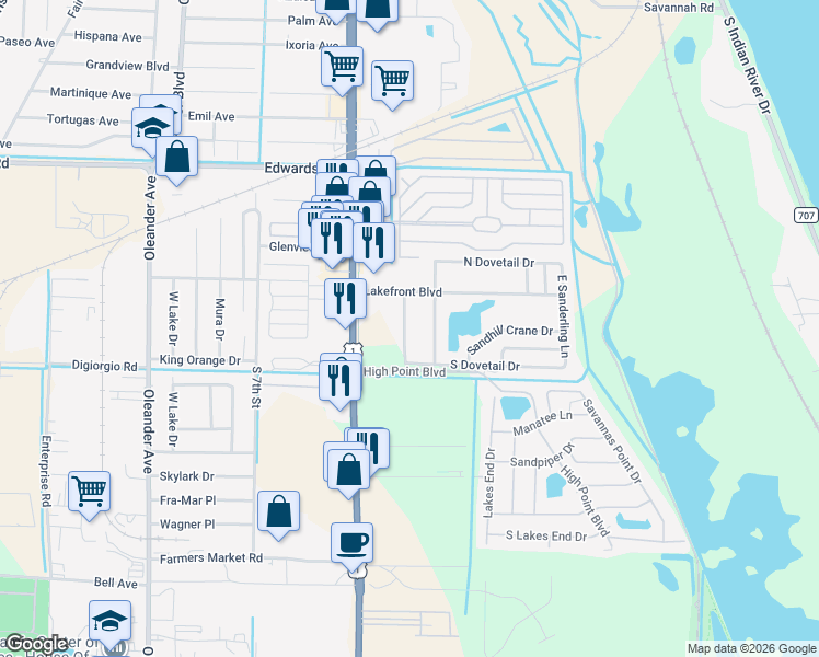 map of restaurants, bars, coffee shops, grocery stores, and more near 1746 West Sanderling Lane in Fort Pierce
