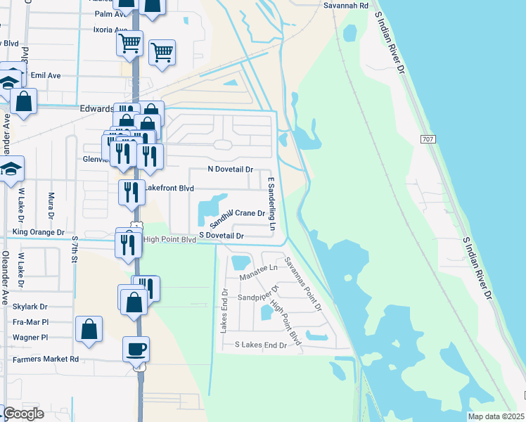 map of restaurants, bars, coffee shops, grocery stores, and more near 1848 East Sanderling Lane in Fort Pierce