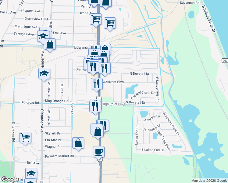 map of restaurants, bars, coffee shops, grocery stores, and more near 1746 West Sanderling Lane in Fort Pierce