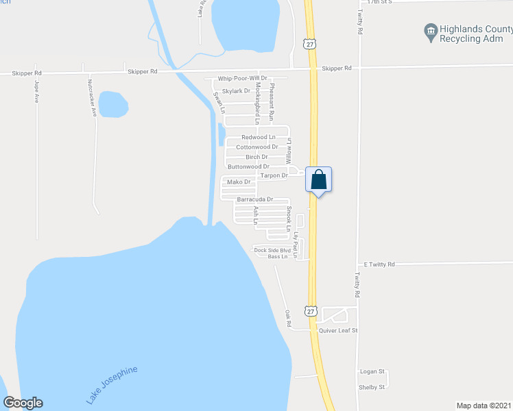 map of restaurants, bars, coffee shops, grocery stores, and more near Flounder Drive in Sebring