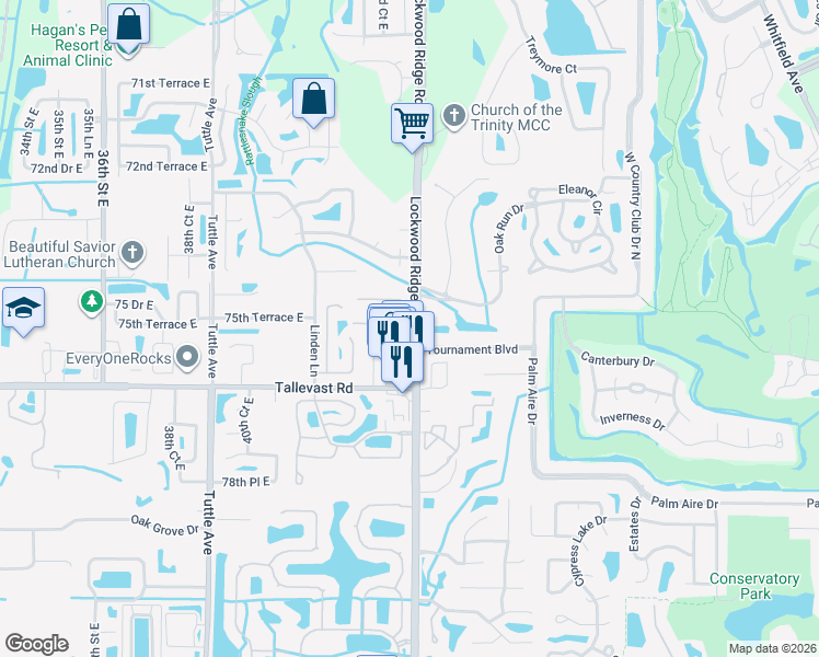 map of restaurants, bars, coffee shops, grocery stores, and more near 7614 Tournament Boulevard in Sarasota