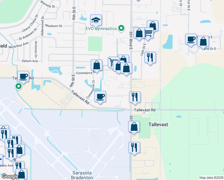 map of restaurants, bars, coffee shops, grocery stores, and more near 7524 Commerce Pl in Sarasota