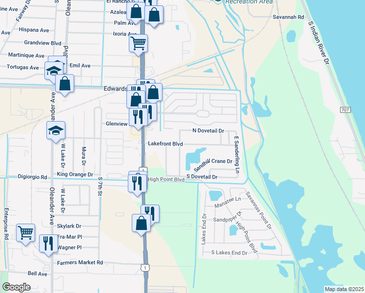 map of restaurants, bars, coffee shops, grocery stores, and more near 1716 North Dove Tail Drive in Fort Pierce