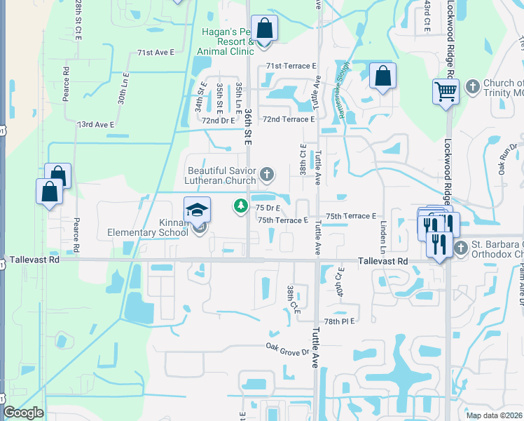 map of restaurants, bars, coffee shops, grocery stores, and more near 3623 75 Drive East in Sarasota