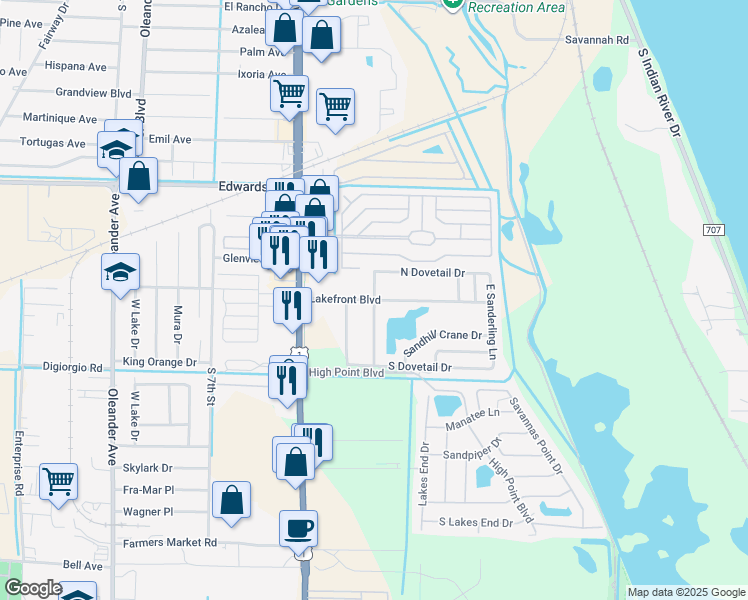 map of restaurants, bars, coffee shops, grocery stores, and more near 1723 West Royal Tern Lane in Fort Pierce