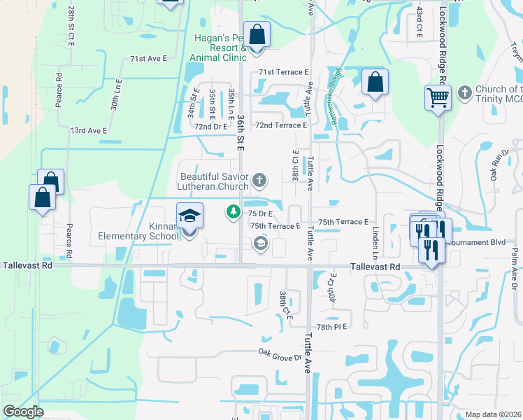 map of restaurants, bars, coffee shops, grocery stores, and more near 3623 75 Drive East in Sarasota