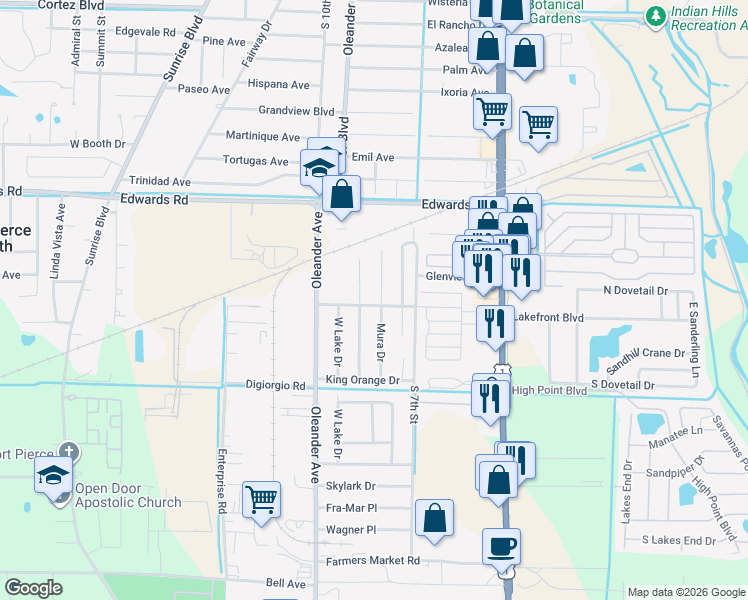 map of restaurants, bars, coffee shops, grocery stores, and more near 3208 Mura Drive in Fort Pierce