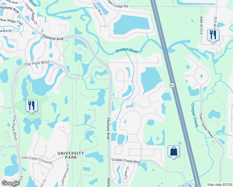 map of restaurants, bars, coffee shops, grocery stores, and more near 7600 7 Oaks Drive in Bradenton