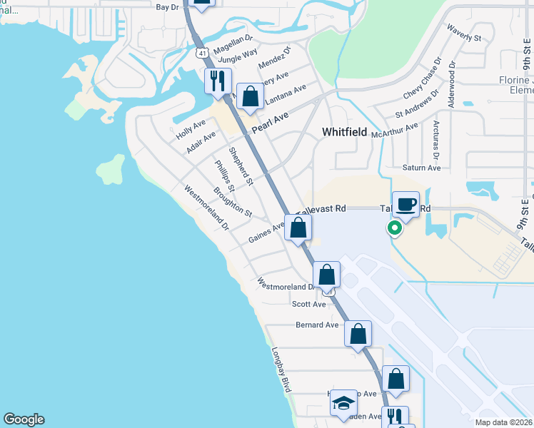 map of restaurants, bars, coffee shops, grocery stores, and more near 7439 Shepherd Street in Sarasota