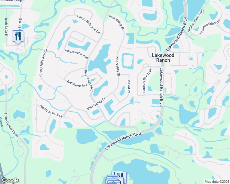 map of restaurants, bars, coffee shops, grocery stores, and more near 7416 Pine Valley Street in Bradenton