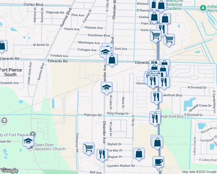 map of restaurants, bars, coffee shops, grocery stores, and more near 3099 Oleander Avenue in Fort Pierce