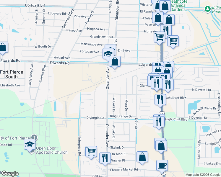 map of restaurants, bars, coffee shops, grocery stores, and more near 3099 Oleander Avenue in Fort Pierce