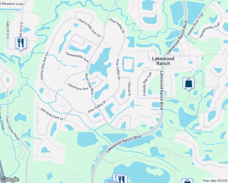 map of restaurants, bars, coffee shops, grocery stores, and more near 7416 Pine Valley Street in Bradenton