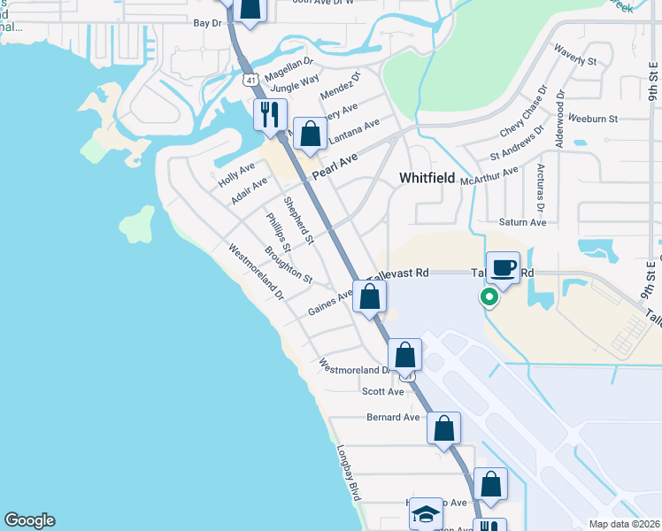 map of restaurants, bars, coffee shops, grocery stores, and more near 7439 Shepherd Street in Sarasota