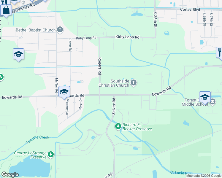 map of restaurants, bars, coffee shops, grocery stores, and more near 4132 Edwards Road in Fort Pierce