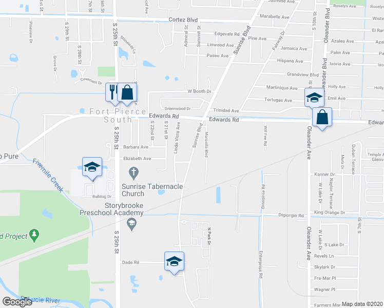 map of restaurants, bars, coffee shops, grocery stores, and more near 3180 Sunrise Boulevard in Fort Pierce